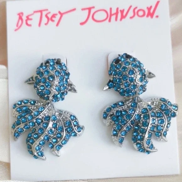 NWT Betsey Johnson Blue Crystal Fish Earrings - Picture 1 of 4